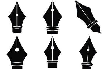 Collection of six black fountain pen nibs on a white background