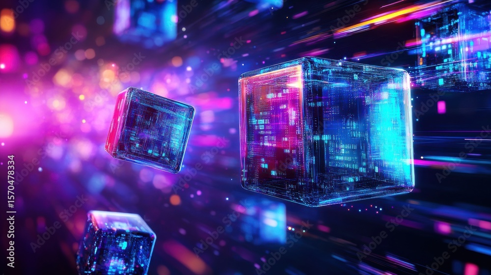 Fototapete Dynamic data cubes moving in an abstract digital space at night