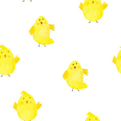 Easter seamless pattern watercolor hand drawn of yellow chicken. Bird chickens baby on white background. Design for invitation, card, fabric, textile.