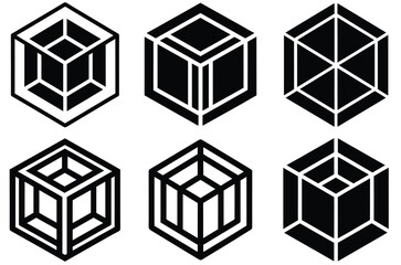 Collection of six geometric isometric cube shapes and hexagonal patterns in black and white