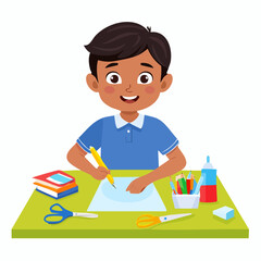Creative Boy's Drawing: A young boy sits at his desk, engrossed in his drawing with colorful pencils and a joyful smile. Capturing the moment of imagination and creation.
