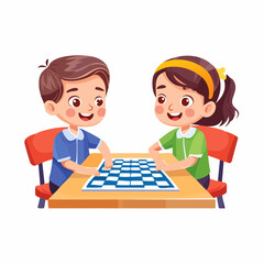 Chess Game Fun: Two children, a boy and a girl, deeply engrossed in a captivating game of chess. Seated at a wooden table, they are immersed in strategic planning.