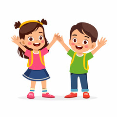 Joyful Schoolfriends: Two cheerful children stand, hand-in-hand, as they celebrate friendship. This lively illustration captures a playful scene of school days and learning adventures.