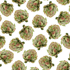 Obraz premium Seamless pattern watercolor artichokes. Hand drawn illustration food drawing. Botanical hand painted purple vegetables elements on white background. For interior print, greeting card, fabric.