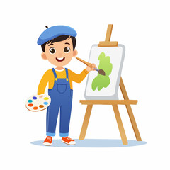Young Artist at Work: A cheerful young artist, adorned in a beret, meticulously paints on a canvas. The artist holds a palette, fully engaged in the creative process.