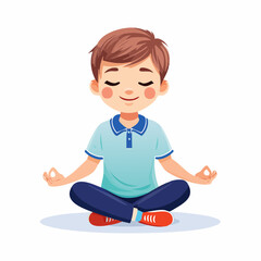 Inner Peace of a Young Boy: A young boy, eyes closed, sits serenely in the lotus position, radiating tranquility and mindfulness, demonstrating the essence of meditation and inner peace.