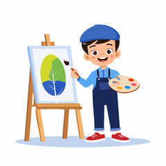 Young Artist: A charming young boy, clad in a painter's attire, passionately paints a vibrant leaf onto a canvas set upon an easel, showcasing the beauty of art and creativity.