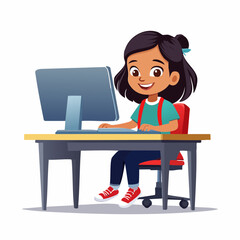 Young Learner Engaged: A cheerful child is shown at her desk and computer, illuminated by soft lighting while her eyes follow what is shown on the screen, in a modern learning style.