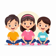 Playful Friendship: Delightful illustrations of three cheerful children sitting together, embodying joy, unity, and innocence, creating an atmosphere of warmth and companionship.
