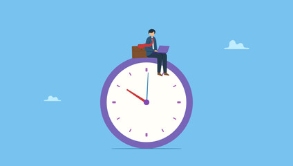 Businessman using laptop sitting on clock working at night with colleague in other country. Symbolizes after hours worker or freelancer, working late overtime or career that work in different time.