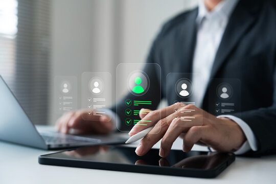 Digital recruitment and human resource HR technology transformation, showing a businessman using AI-powered tools to evaluate candidate profiles on a smart device.