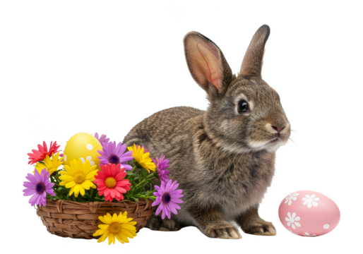 Cute Easter Bunny with Flowers Eggs Illustration Transparent Background