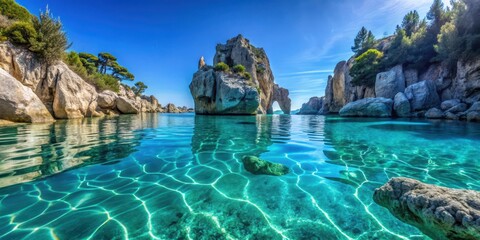 The majestic limestone rocks of the French Riviera submerged in crystal-clear azure waters creating an underwater oasis, canyons