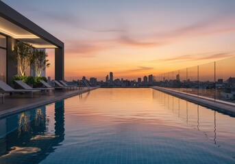 Fototapeta premium Rooftop pool reflecting the sunset with city skyline in the distance and lounge chairs nearby