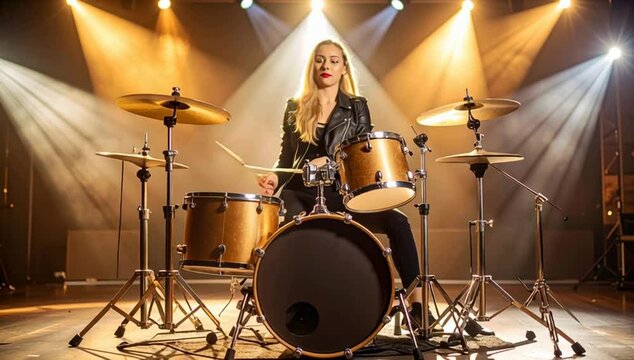 a female drummer powerfully playing drums on stage, illuminated by stage lights. Her expression is focused and intense