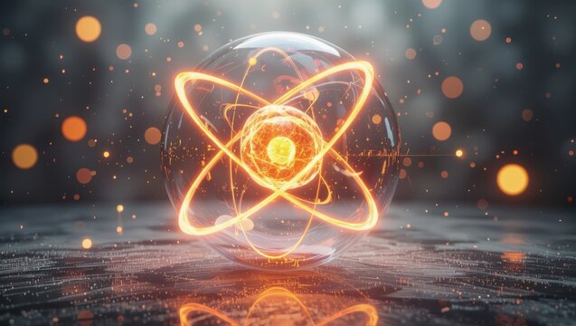 Glowing atomic structure orb with orbiting electrons on a circuit board background