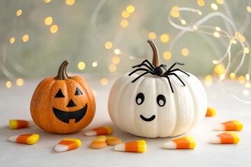 Photo-Realistic Halloween Pumpkin and Ghost Decor with Candy Corn on Light Bokeh Background