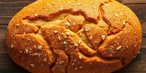Golden-brown wheat bread loaf, rustic texture, top view,  golden,  homemade