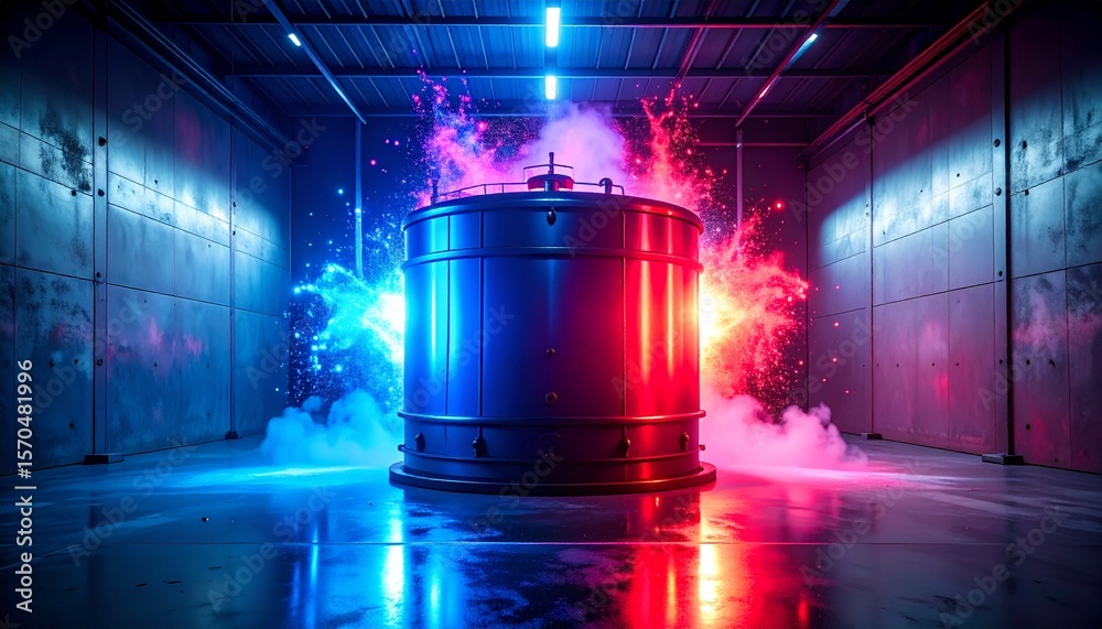 Aufkleber dramatic red vs blue energy explosion from a high-tech tank in a futuristic industrial lab. abstract
