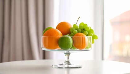 Modern still life of fresh citrus fruits and grapes in an elegant glass pedestal bowl. Healthy eating concept with vibrant oranges, limes, and grapes on a white table with soft natural light.