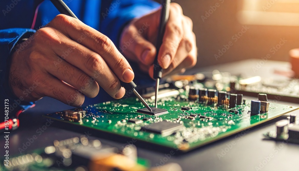 Poster Skilled technician's hands repairing a green computer circuit board. Close-up of an engineer testing a microchip with precision probes in a technology workshop with warm, focused lighting.