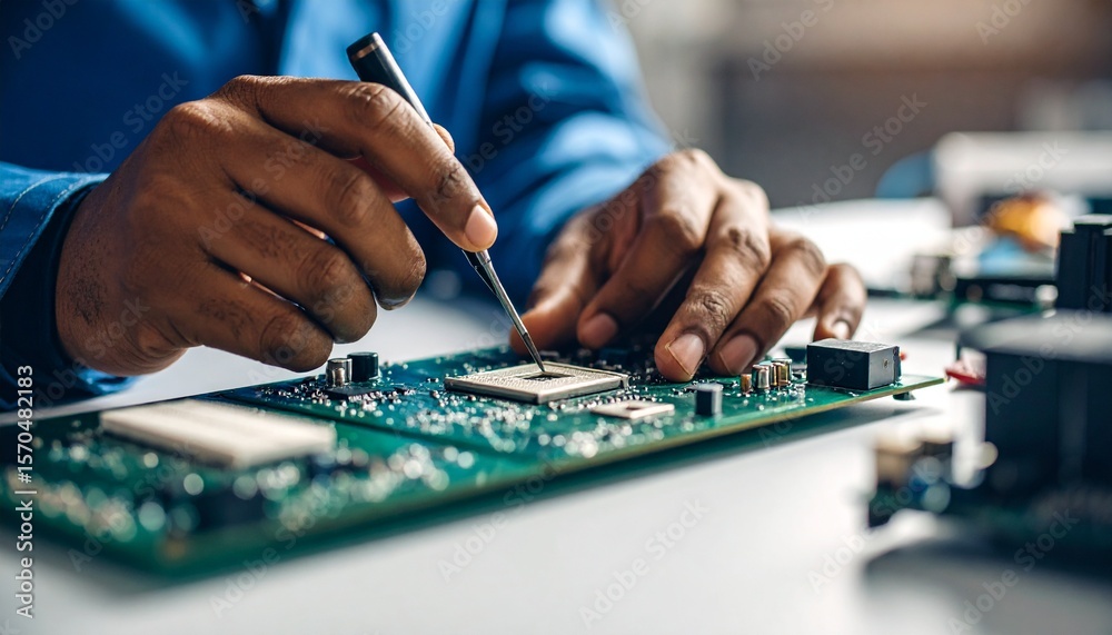 Poster Focused close-up of an African American engineer's hands repairing a green computer motherboard with a precision tool in a high-tech electronics lab or workshop.