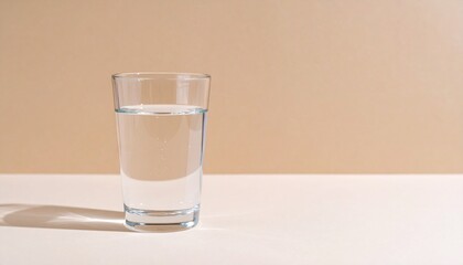Clean glass of pure fresh water on a minimalist beige background. Modern still life with natural sunlight, hard shadows, and copy space for wellness and hydration concepts.