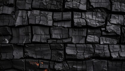 Intense macro texture of burnt black wood, revealing cracked, blocky patterns and subtle glowing embers. Dark, dramatic, and abstract background.