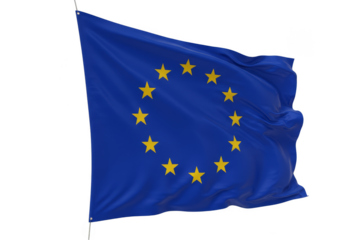 European Union Flag Waving Blue and Yellow Stars 3D Render Isolated