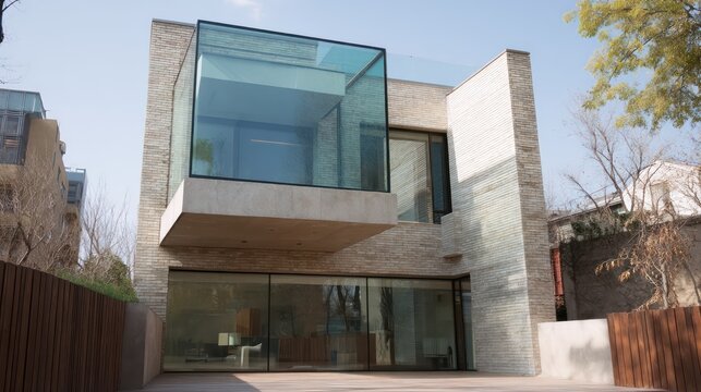 Contemporary duplex with pale brick fa??A section ade cantilevered glass box on top shot at midday with sharp shadows high-contrast - Powered by Adobe
