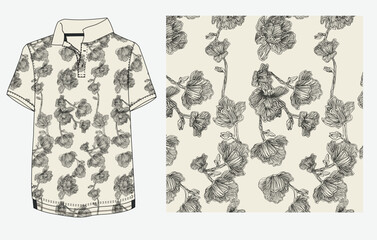 Seamless floral pattern with hand-drawn black outline flowers on a cream background, ideal for polo shirts, fabric prints, and premium textile design. elegance to menswear and resort wear collections