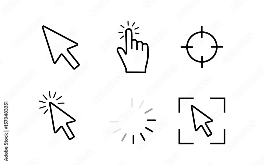 Poster a set of six outline vector icons related to digital interaction: an arrow cursor, a clicking hand, 