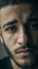 Obraz premium a close-up portrait of a 20-year-old Middle Eastern man with expressive, sorrowful eyes, short hair, light beard, looking directly at the camera, subtle tear in the eye
