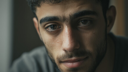 Obraz premium a close-up portrait of a 20-year-old Middle Eastern man with expressive, sorrowful eyes, short hair, light beard, looking directly at the camera, subtle tear in the eye