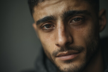 Fototapeta premium a close-up portrait of a 20-year-old Middle Eastern man with expressive, sorrowful eyes, short hair, light beard, looking directly at the camera, subtle tear in the eye
