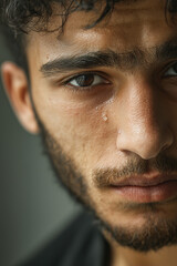 Obraz premium a close-up portrait of a 20-year-old Middle Eastern man with expressive, sorrowful eyes, short hair, light beard, looking directly at the camera, subtle tear in the eye