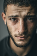 Obraz premium a close-up portrait of a 20-year-old Middle Eastern man with expressive, sorrowful eyes, short hair, light beard, looking directly at the camera, subtle tear in the eye