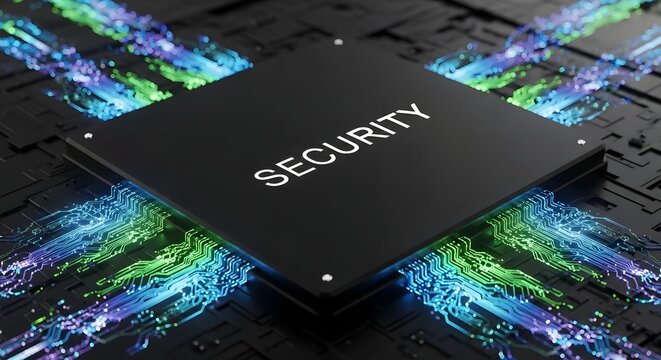 A black computer chip with the word "SECURITY" on top, surrounded by flowing blue and green light streams.