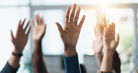 Hands raised, question and group of business people in meeting as audience for volunteering or...