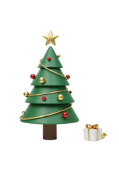 Festive 3D Christmas Tree with Gold Star and Red Ornaments PNG