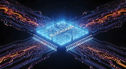 Abstract digital representation of blockchain technology with glowing blue and orange circuitry.