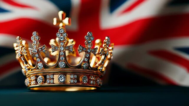 A golden crown adorned with jewels against a British flag backdrop.