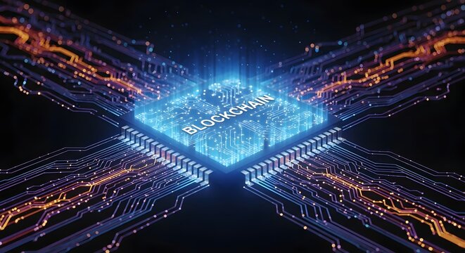 Abstract digital representation of blockchain technology with glowing blue and orange circuitry.