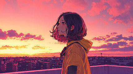 夕焼けの街並みを眺める女性