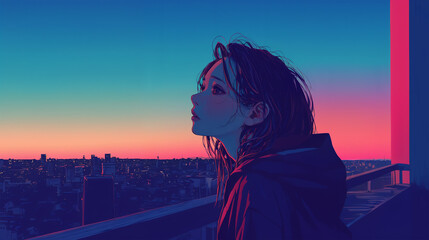 夕焼けの街並みを眺める女性