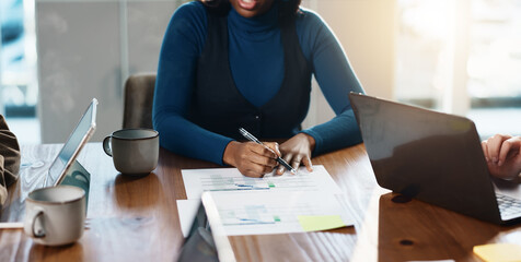 Business woman, hands and checklist with documents in office for meeting schedule on calendar....