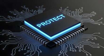 Cybersecurity protection: a glowing microprocessor displays the word "PROTECT," emphasizing data security.