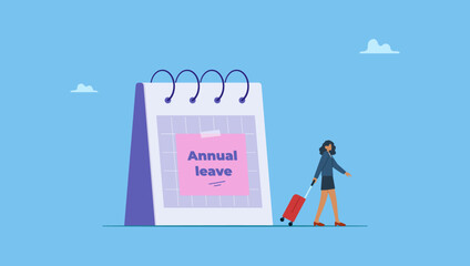 Joy businesswoman walking with luggage from calendar with annual leave note. Symbolizes take day off or vacation to rest and relax from hard work, time or schedule reminder of annual leave.