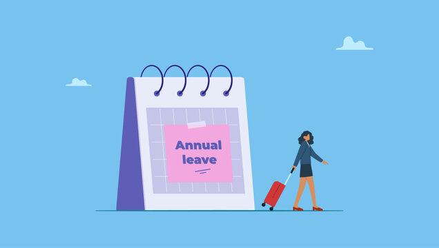 Joy businesswoman walking with luggage from calendar with annual leave note. Symbolizes take day off or vacation to rest and relax from hard work, time or schedule reminder of annual leave.