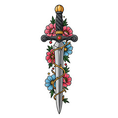 Floral Sword Dagger with Roses Blooms Illustration Isolated Transparent